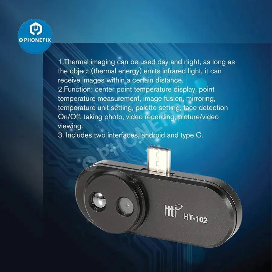 HT-102 Thermal Imaging Temperature Detector for Android Type C by PHONEFIX, showing the compact thermal camera device with Type C connector.