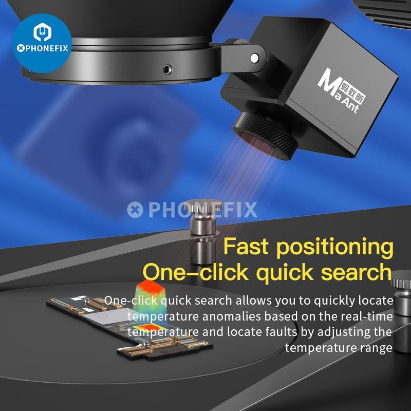 MaAnt Microscope Thermal Imager for motherboard fault diagnosis by PHONEFIX, showing thermal imaging of electronic components.