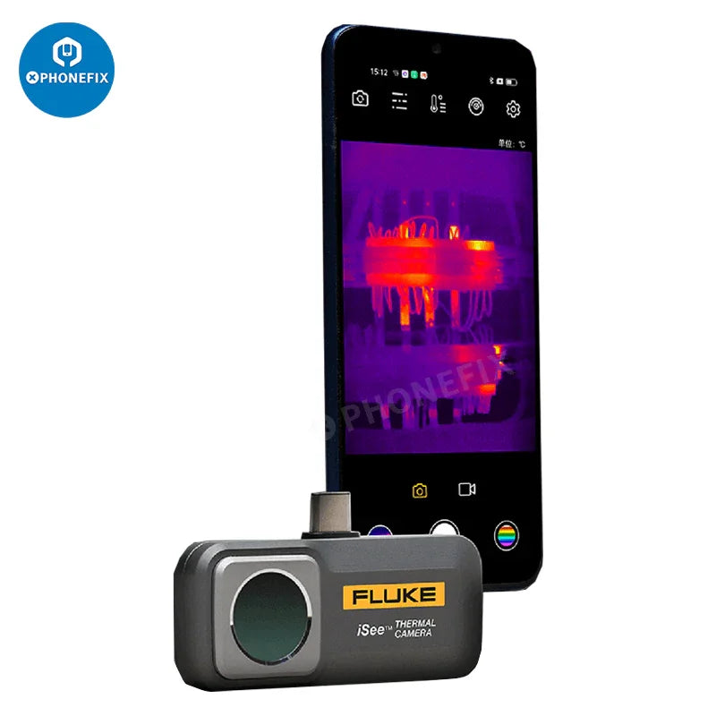 Fluke iSee thermal imaging camera used for motherboard fault diagnostics, showing thermal heat map on a circuit board.