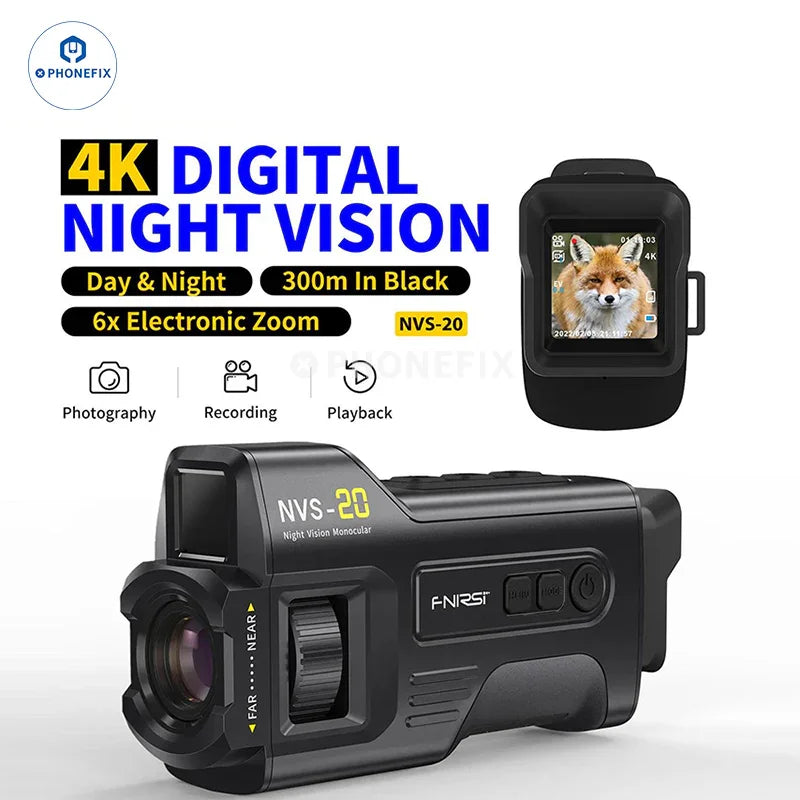 FNIRSI NVS-20 4K 6X infrared night vision thermal imaging camera by PHONEFIX showing front view with thermal sensor and controls