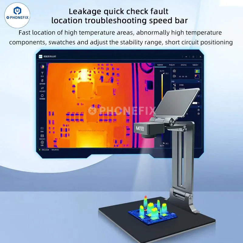 MaAnt RC-3 RC-4 Hawkeye infrared thermal imaging camera for PCB diagnosis, showing thermal imaging display and device details.