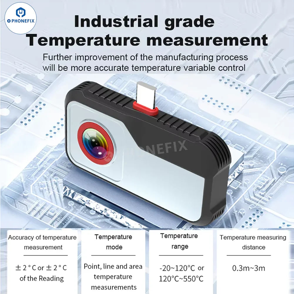 PHONEFIX HT-203U thermal imaging camera for mobile phones, used for PCB troubleshooting and thermal diagnostics.