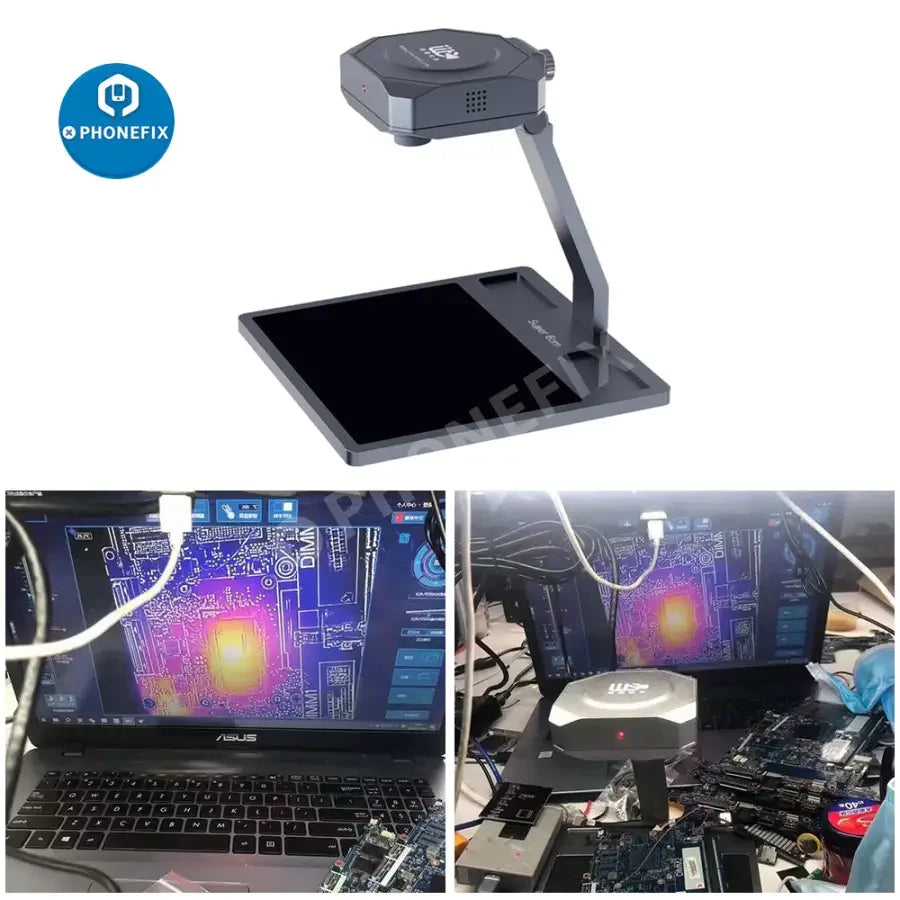 Infrared thermal imaging camera by PHONEFIX for PCB board diagnosis, showing a thermal view of electronic components.