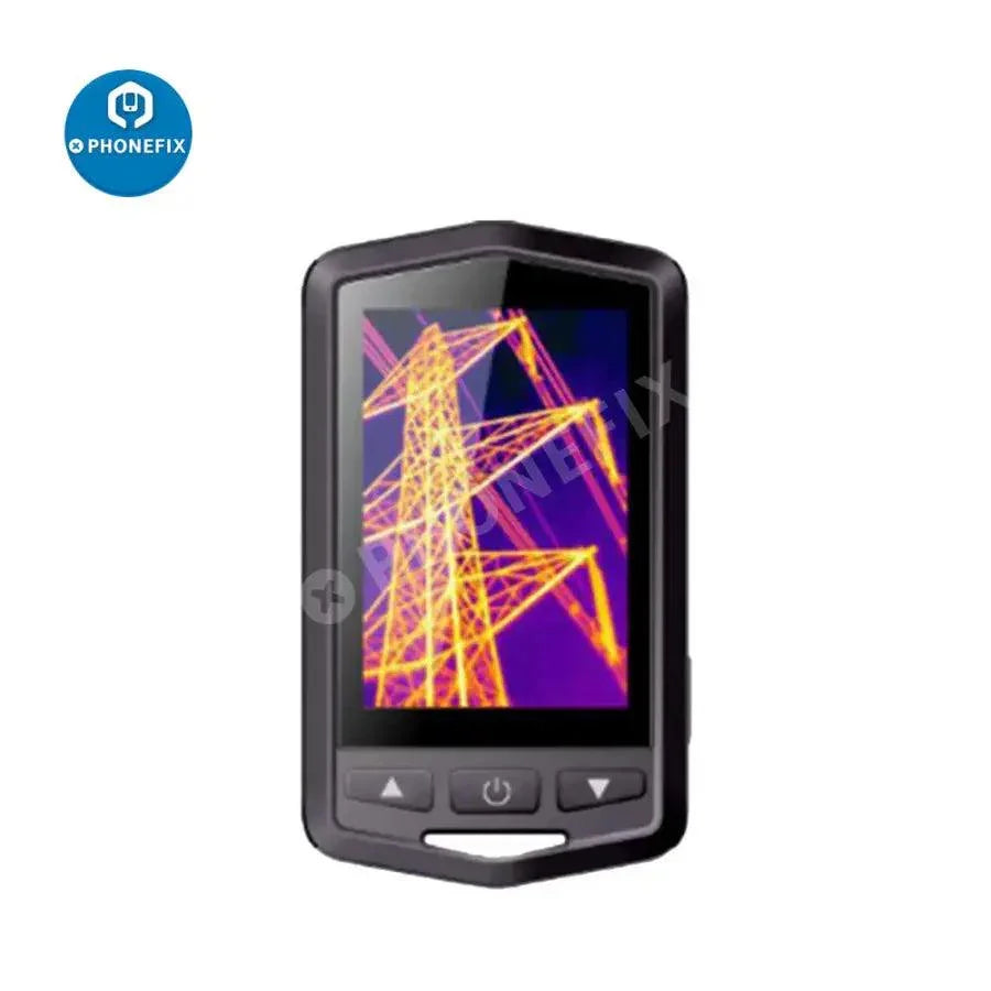 Hand-held P30 Plus Pocket IR Thermal Imager by PHONEFIX showing thermal imaging display and compact design.
