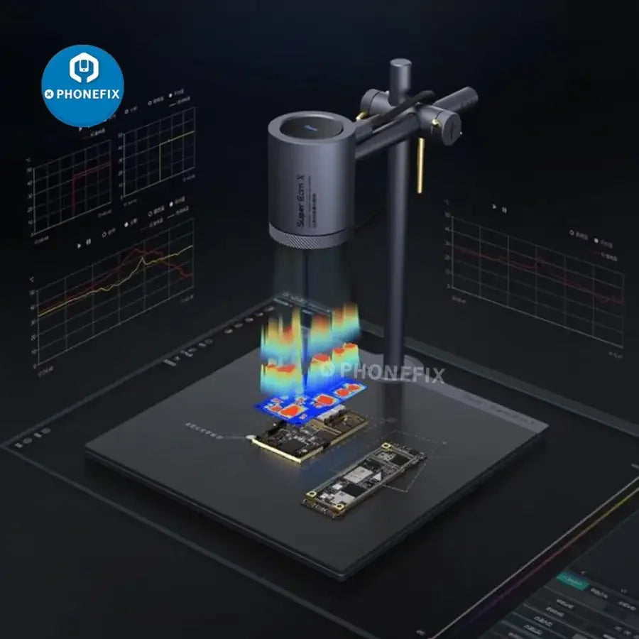 Qianli Toolplus Super Cam X thermal imaging camera for 3D PCB fault detection, showing heat map and inspection screen in use.