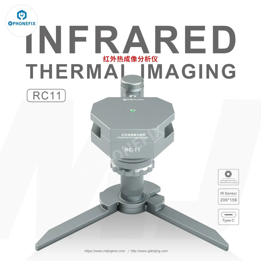 PHONEFIX MIJING RC-11 infrared thermal imaging camera displaying motherboard fault analysis with thermal heat signatures.