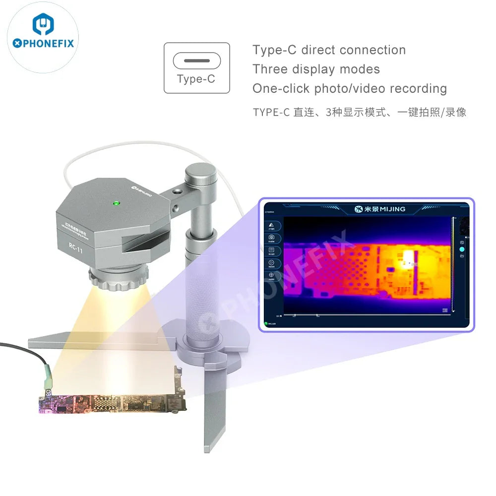 PHONEFIX MIJING RC-11 infrared thermal imaging camera used to detect motherboard faults in electronic devices.