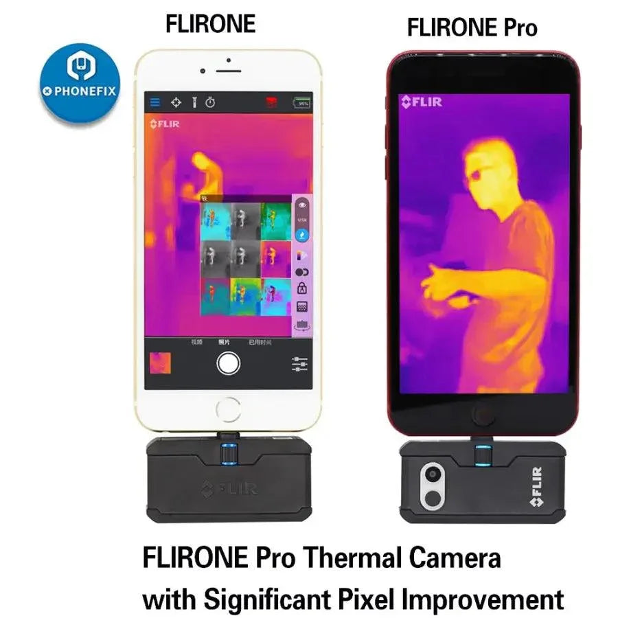 FLIR ONE PRO 3rd Gen thermal imaging camera for phone PCB fault diagnosis by PHONEFIX, showing thermal heat signatures on a circuit board.