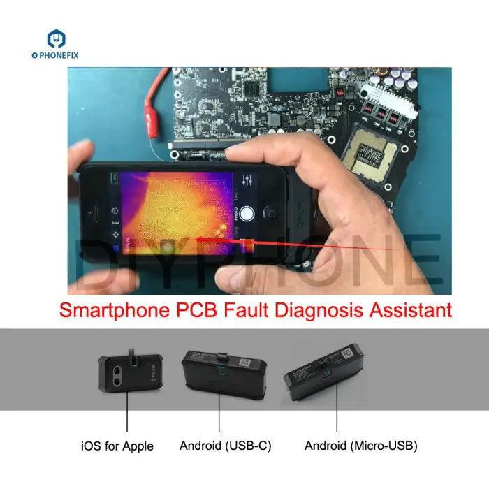 FLIR ONE PRO thermal imaging camera by PHONEFIX for PCB board fault diagnosis, showing the device and PCB in use.
