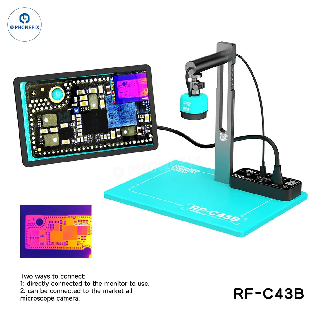 RF4 RF-C43 RF-C43B thermal imaging camera motherboard for fault detection by PHONEFIX, showing circuit board and thermal sensor components.