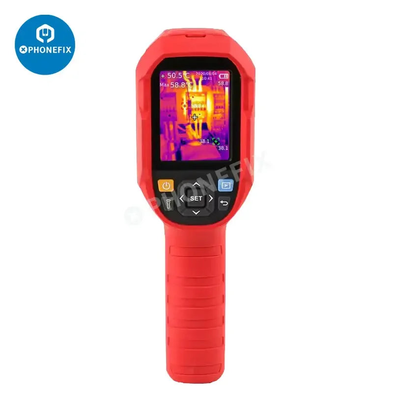 UNI-T UTi260B infrared thermal camera for motherboard repair, showcasing thermal imaging display in a professional repair setting
