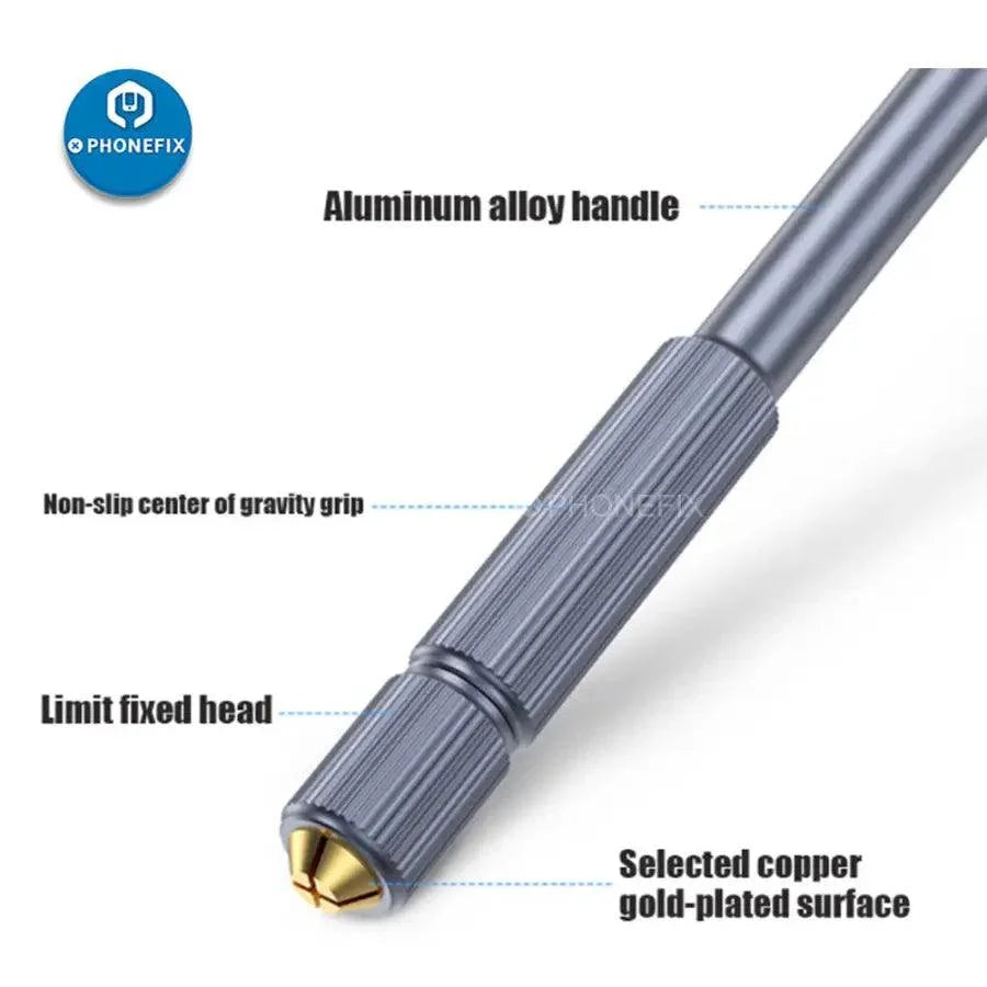 Qianli 012 iHilt aluminium alloy knife handle for IC chip removal, used with tweezers and knife tools for electronics repair.