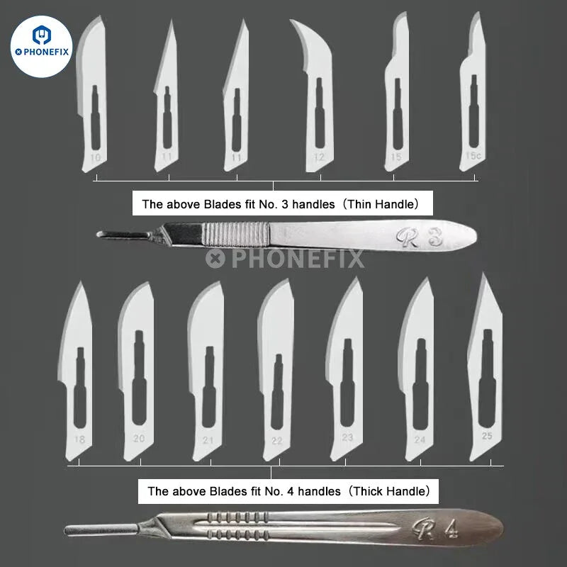 Set of 10 sterile carbon steel scalpel knife blades with tweezers and knife tools, ideal for precise surgical or craft use.