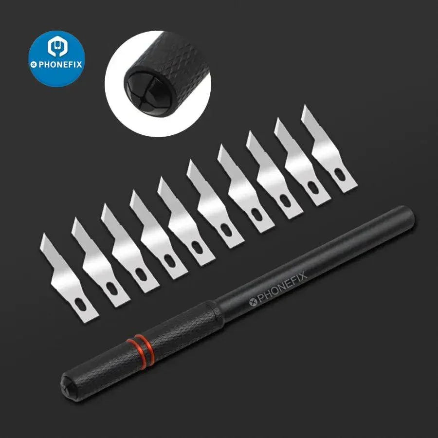 PhoneFix Face ID Dot Matrix Repair Blade Set with tweezers and knife tools for iPhone Face ID repair, includes handle and precision blades.