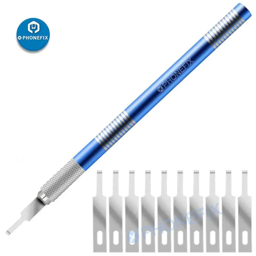 PhoneFix Face ID Dot Matrix Repair Blade Set with tweezers and knife tools for face lattice repair, featuring precision blades for detailed work.