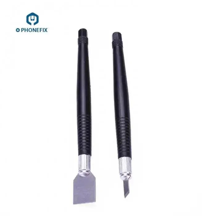 PHONEFIX 2pcs phone motherboard glue cleaner and scraper set for PCB BGA glue repair, includes tweezers and knife tools.