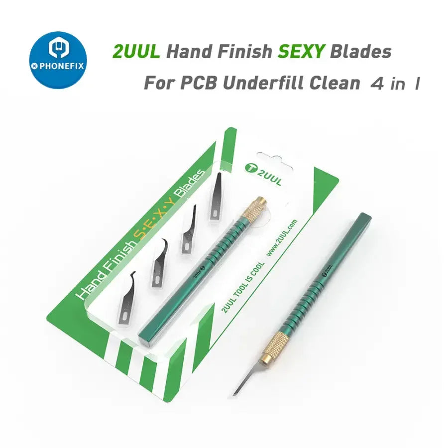 Phonefix 2UUL 4-in-1 hand finish blades set for motherboard PCB cleaning, includes tweezers and knife tools for precise electronics work.