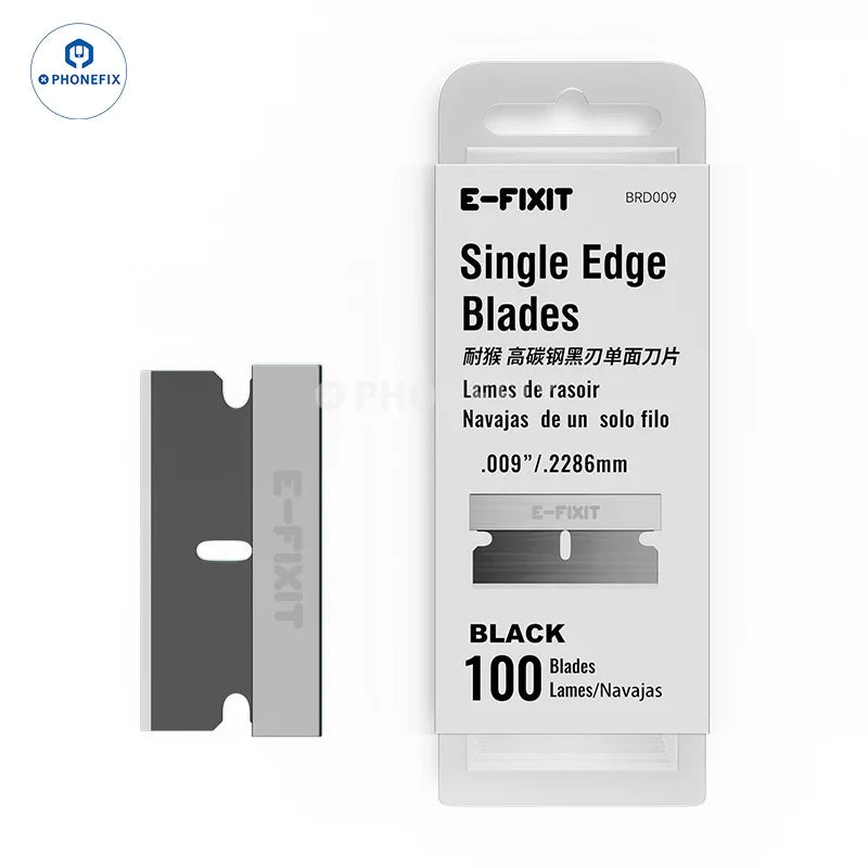 Black single-sided blade for iPhone repair, part of PhoneFix E-Fixit BRD009 tweezers and knife tools set, shown in image