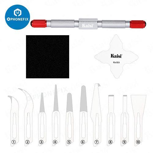 Kaisi 310 double-headed crowbar kit with glue cleaning and pry knives, PHONEFIX brand, for phone repair and electronics opening.