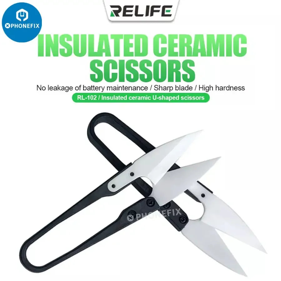 PhoneFix RL-102 insulated ceramic scissors U-shaped cutting tool, tweezers and knife tool for precise electronic repairs.