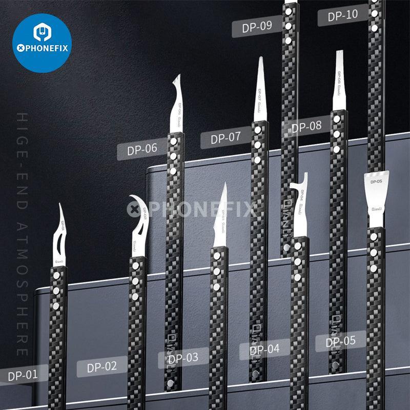 Qianli DP handmade polished knife blade for phone PCB glue removal, shown with tweezers and precision tool for electronics repair.