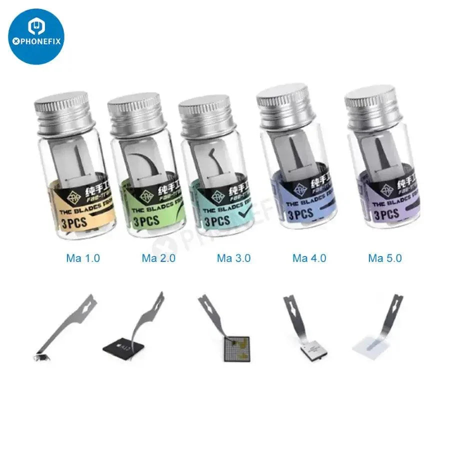 PhoneFix Mach Series blades for glue remover and CPU fixing, with precision tweezers and knife tools for electronics repair.