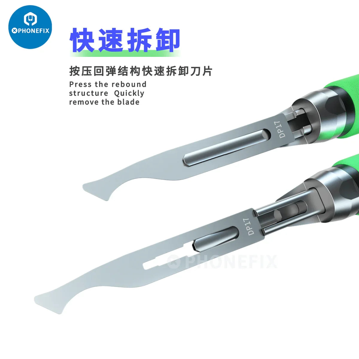 Mijing KC8 Quicky Glue Removal Blade Set for CPU disassembly, featuring precision knives and tweezers by PHONEFIX.