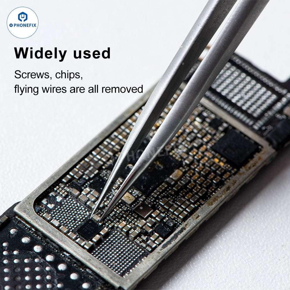 Phonefix NB-01 precision long sharp tweezers for IC jumper wire clamping, ideal for electronic component handling and detailed repairs.