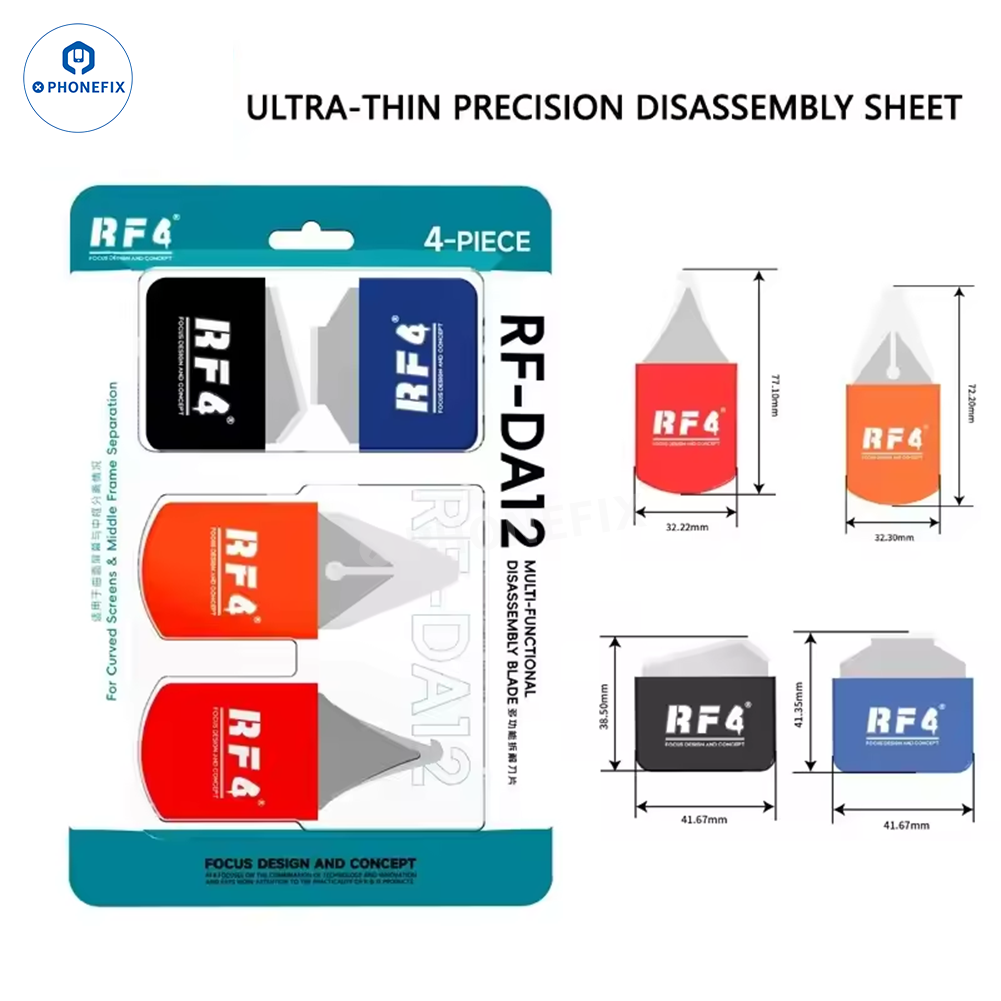 RF4 RF-DA8/DA9 Phone and tablet disassembly blade set with tweezers and knife tools from PHONEFIX, used for glue removal and device repair