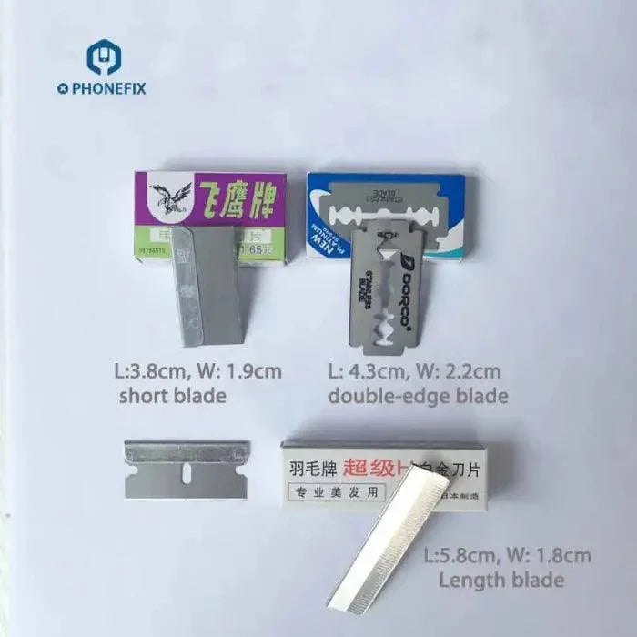 PHONEFIX stainless steel blade scraper set with tweezers and knives for phone screen cleaning and glue removal.