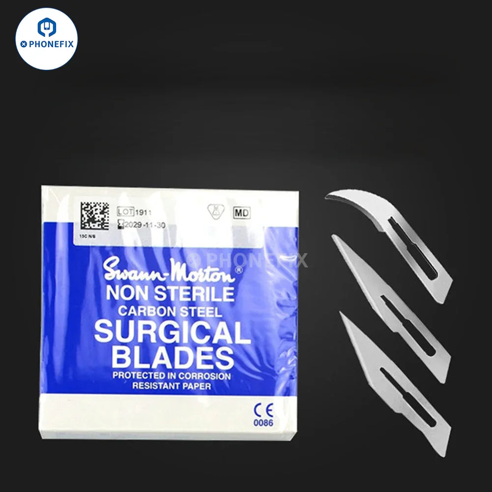 Swann Morton carbon steel surgical scalpel knife blades with tweezers and knife tools from PHONEFIX for precise medical use.