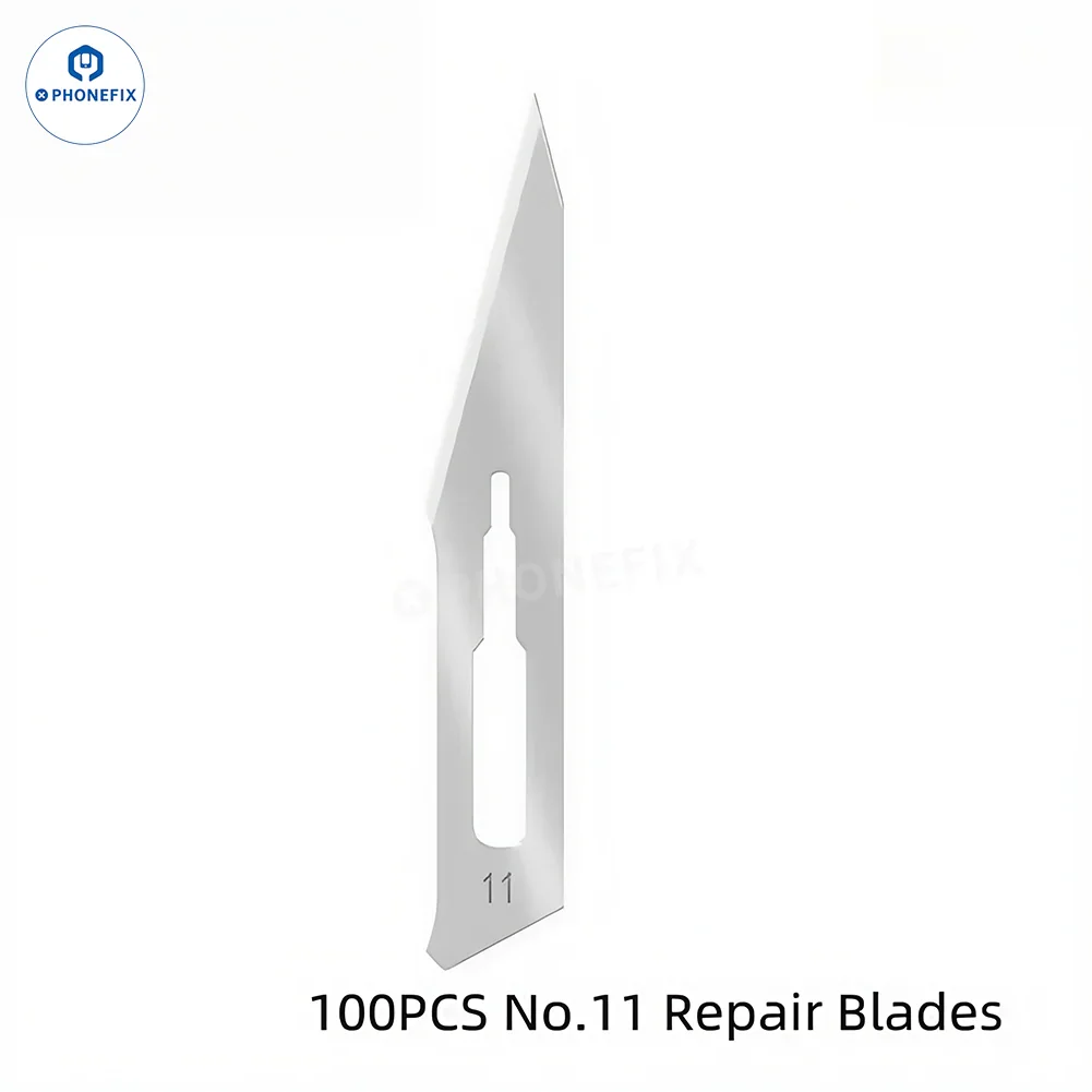 PhoneFix YCS #11 PCB CPU glue removal knife and tweezers set, includes 100pcs of blade and IC tin scraping tools for electronics repair.