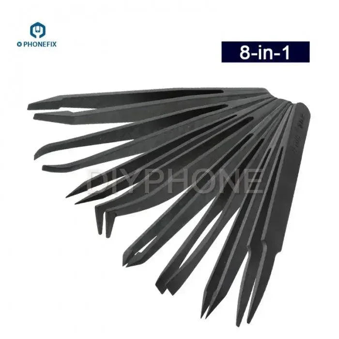 Anti-static carbon fiber tweezers kit by PHONEFIX for PCB repair, includes craft pick tools for precise electronic component handling.