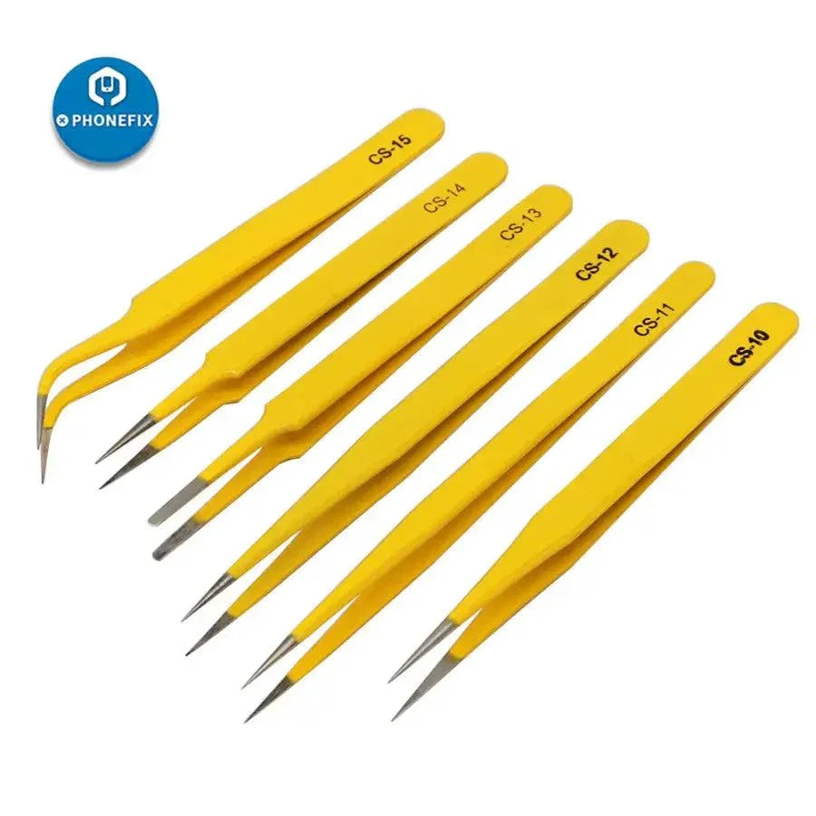 Stainless steel anti-static tweezers kit for PCB soldering and repair, designed for precise electronic component handling.