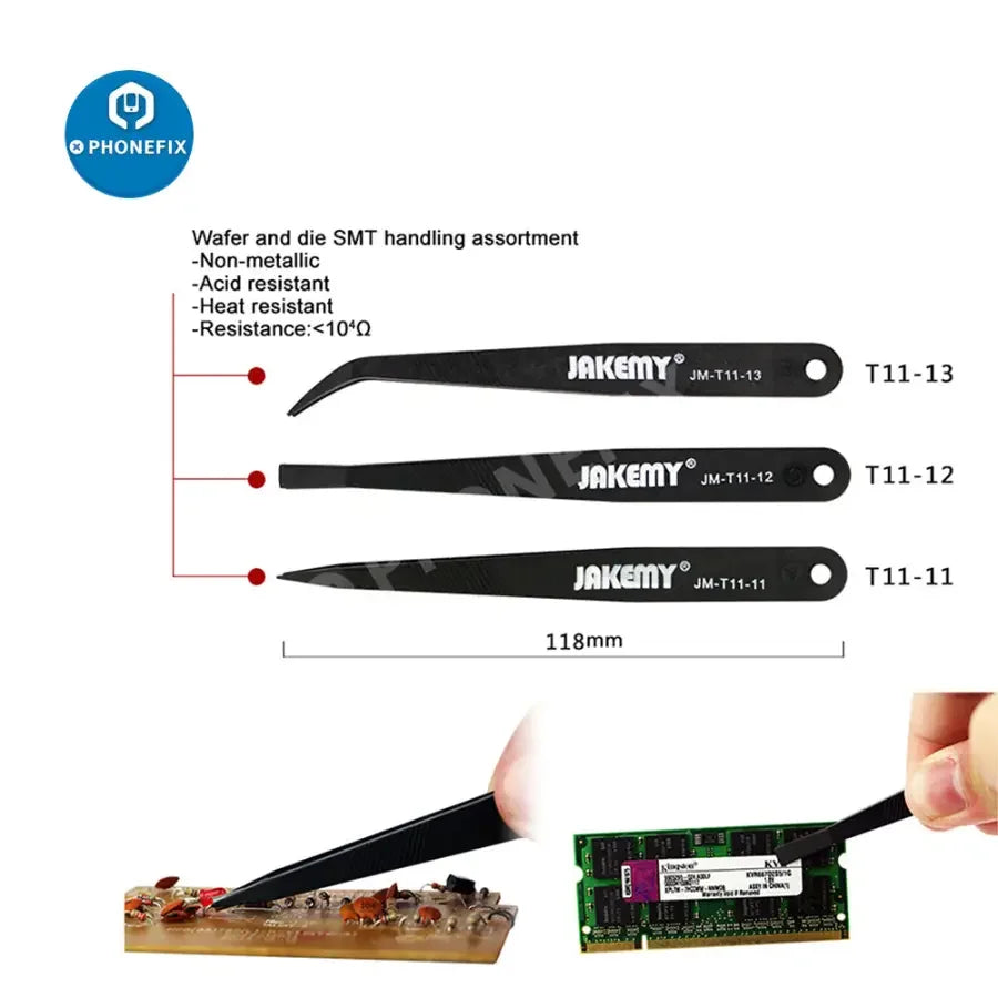 PHONEFIX JM-T11 3-in-1 anti-static tweezers set for phone and tablet repair, featuring precision removal tools.
