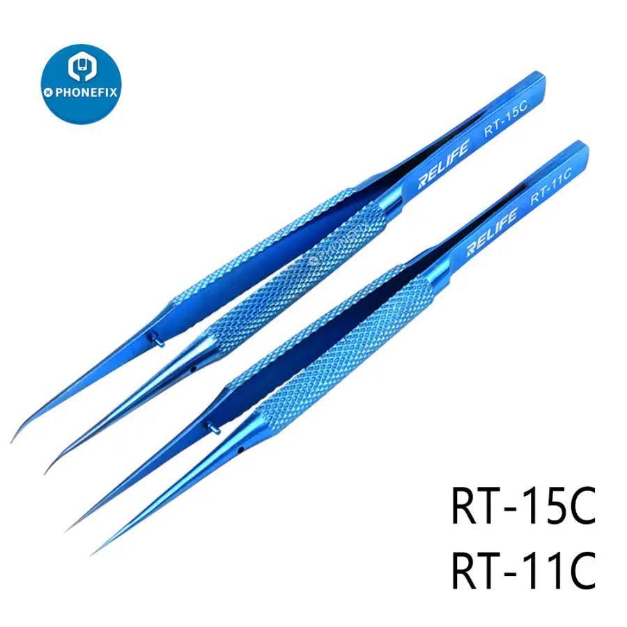RELIFE RT 11C 15C titanium alloy tweezers for PCB and IC jump wire removal, by PHONEFIX, showing precision tips and sturdy construction.