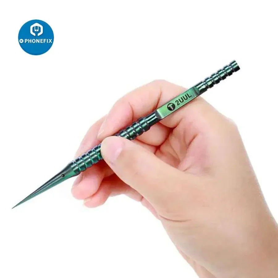 PhoneFix titanium alloy tweezers with straight and curved heads, ideal for phone repair and delicate electronic component removal.
