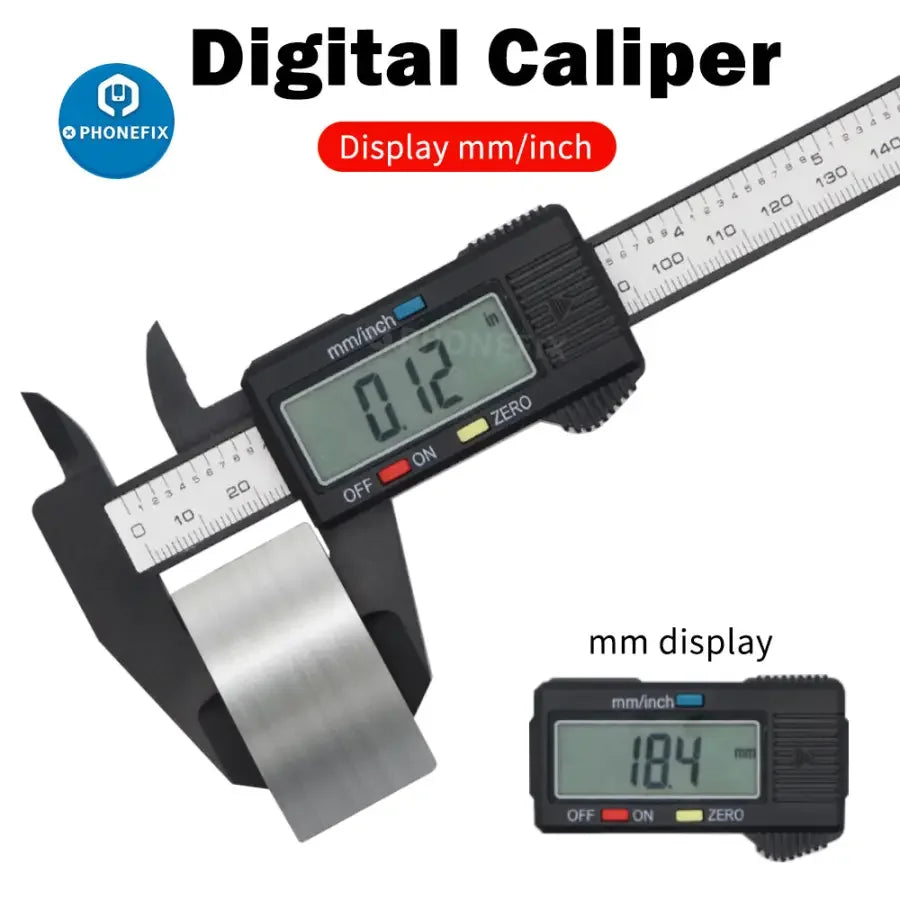 Phonefix 150mm electronic digital caliper with carbon fiber body and dial vernier gauge, precision hand tool for accurate measurements.