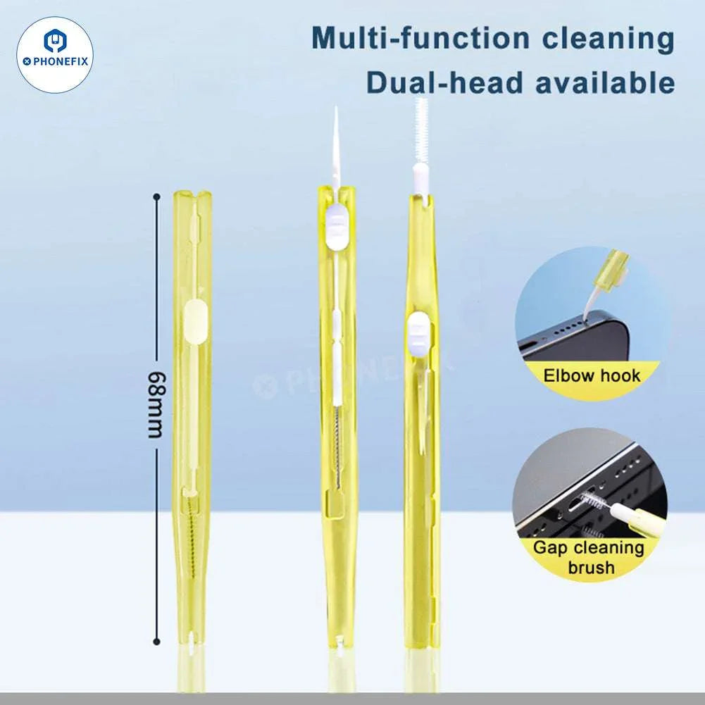 PHONEFIX universal mobile phone hole cleaning brush for charging port dust removal, handheld tool with brush head for cleaning ports.