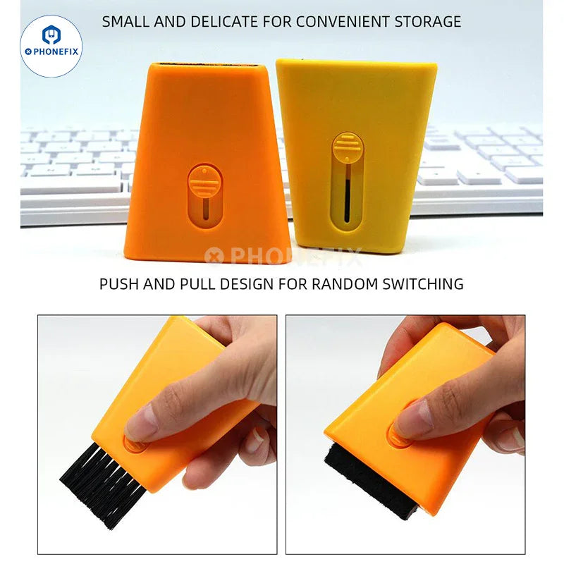 PhoneFix double-ended retractable cleaning brush for phone keyboards and dust removal, universal hand tool for electronic cleaning.