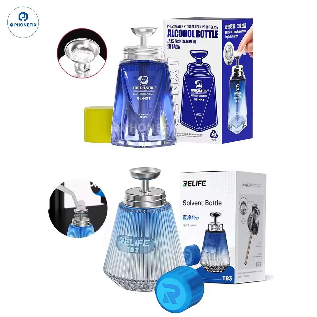 PHONEFIX 150ml glass alcohol bottle for phone repair, press-type liquid cleaner in a universal hand tools box.