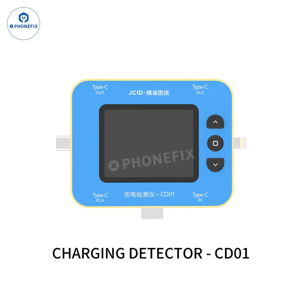 PHONEFIX JCID CD01 charging detector with JC drawing Type-C lightning port USB port tester showing port connection and indicators