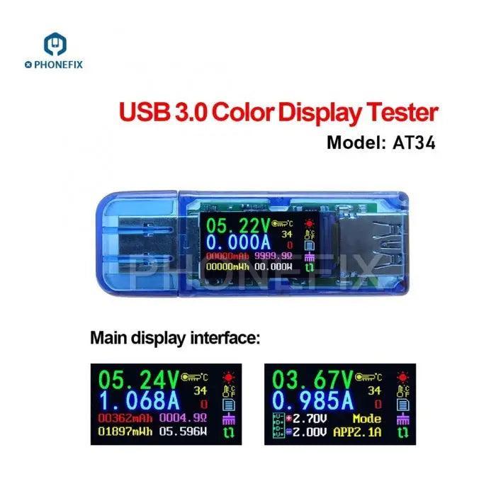 USB port tester by PHONEFIX displaying volt, amp readings on digital screen for power bank and charging device diagnostics.