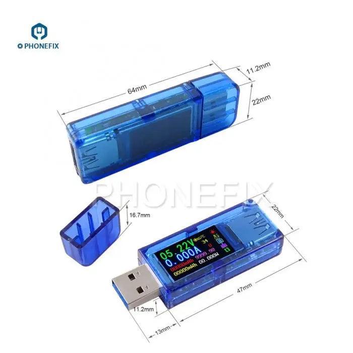 PhoneFix AT34 USB charger voltmeter and ammeter tester displaying voltage and current on a digital screen.