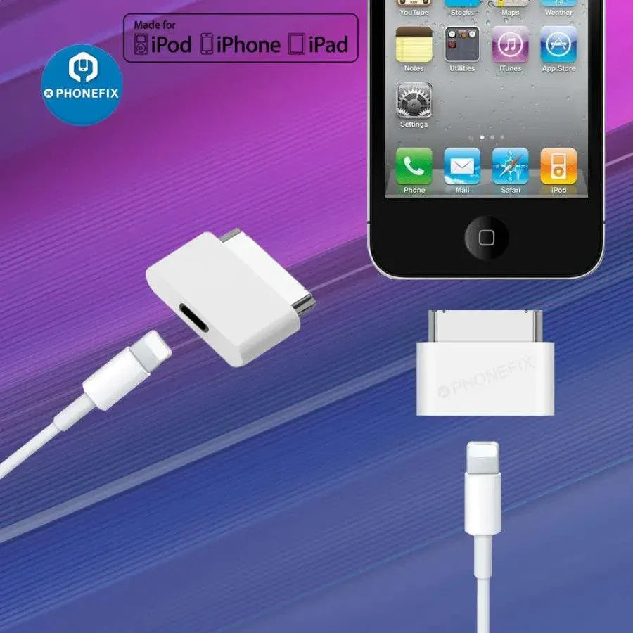 USB port tester showing Lightning 8-pin female to 30-pin male adapter for iPhone 4 and iPad 2/3 by PHONEFIX.