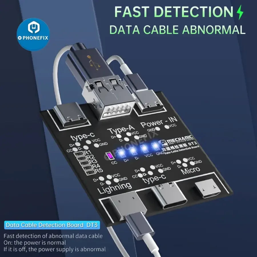 PHONEFIX Mechanic DT3 USB port tester board for phone data cable detection and testing; electronic repair tool for mobile devices.
