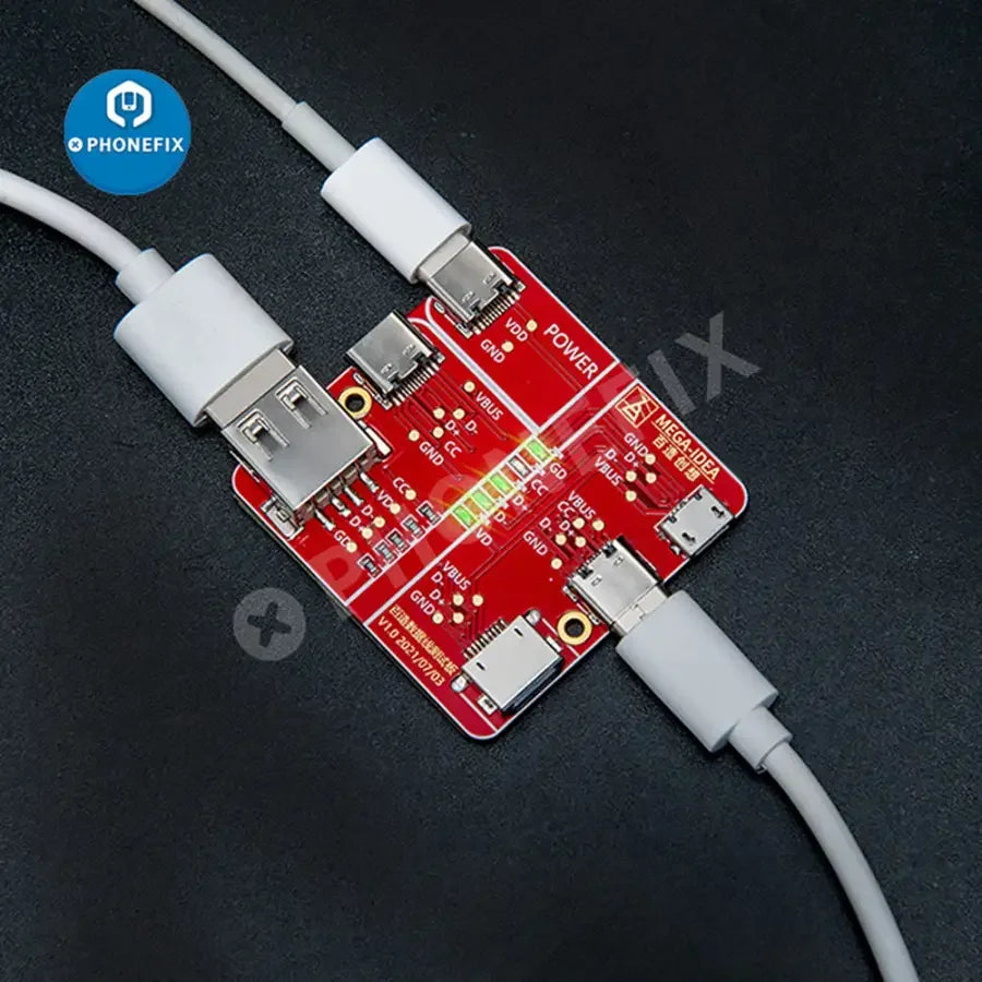 QianLi Mega-iDea USB data cable on-off detection board test tool for phone repair and testing USB port connections.