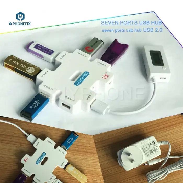 PHONEFIX SSK SHU011 USB hub power splitter with 7 ports, used as a USB extender and port tester for multiple device connections.