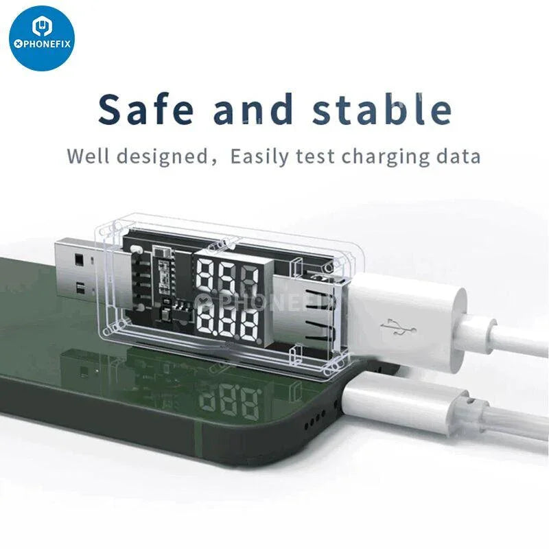 Wylie WL-616A Mini USB charging tester with real-time digital display showing voltage and current on a USB port.