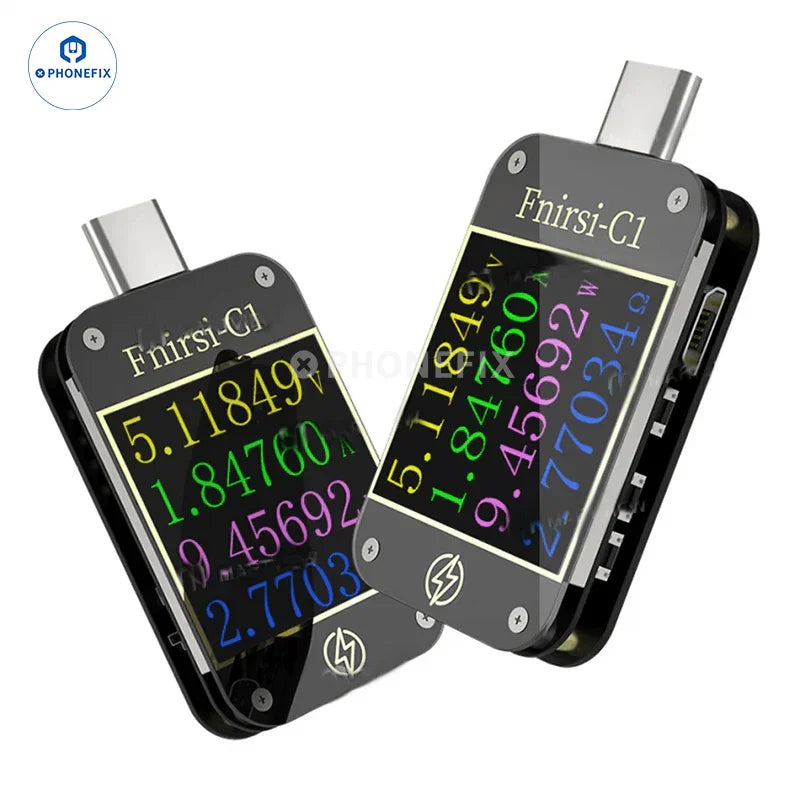 FNIRSI-C1 USB port tester by PHONEFIX displaying voltage, current, and fast charging protocol on its digital screen.